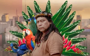 Arte de colagem por Juh Barbosa, com foto de daniel Munduruku por Juan Ribeiro.